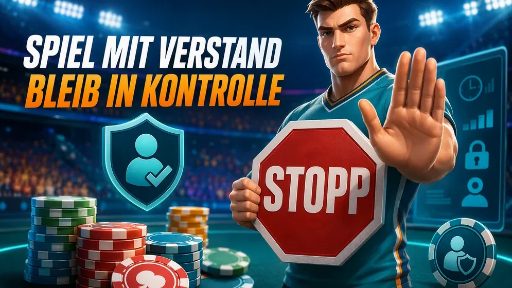 Hand hält Stopp-Schild vor Spielchips, Spielerschutz-Symbol