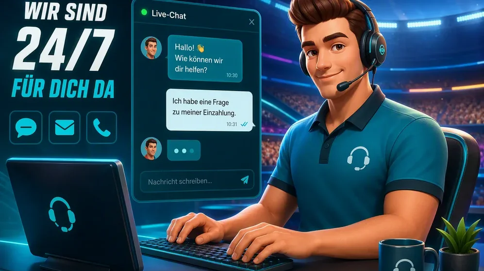 Kundenberater mit Headset an Computer, Live-Chat-Fenster sichtbar